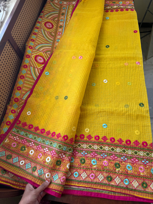 Embroidered Resham Silk Kota Saree - Yellow