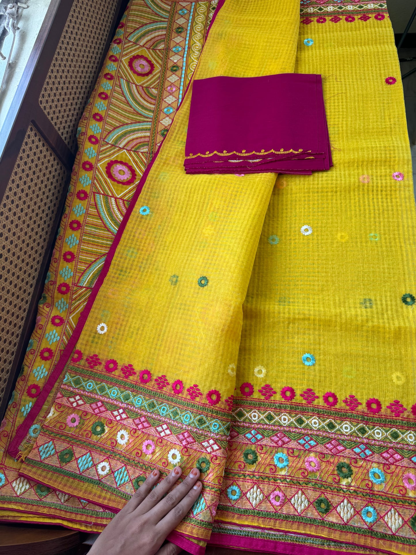 Embroidered Resham Silk Kota Saree - Yellow