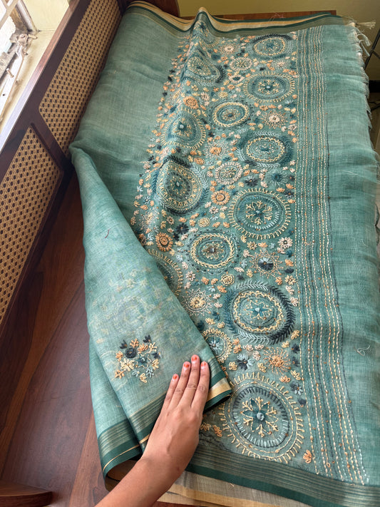 Premium Tissue Linen Sarees - Sea Blue Green
