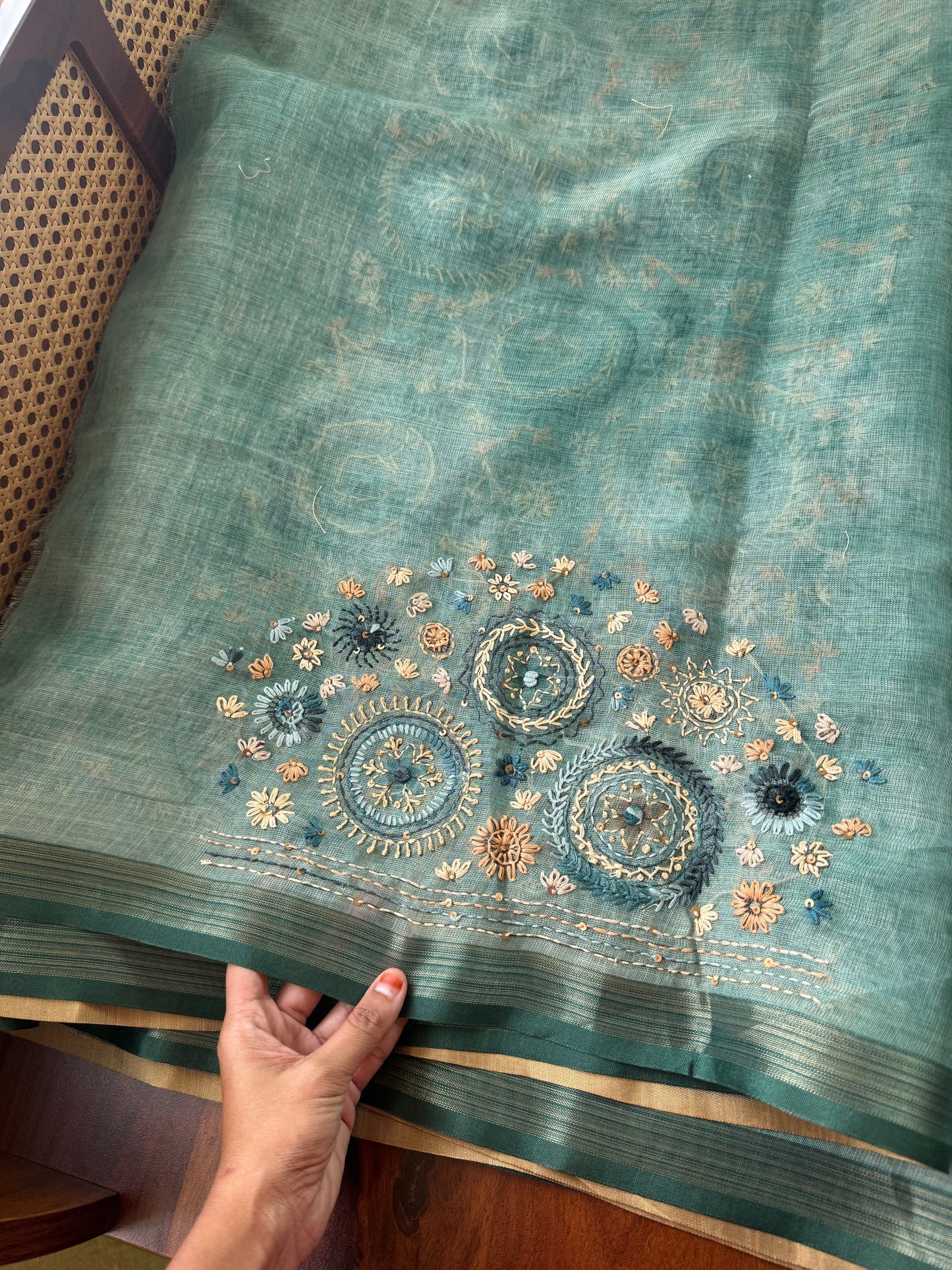 Premium Tissue Linen Sarees - Sea Blue Green
