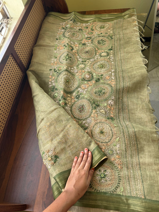 Premium Tissue Linen Sarees - Green