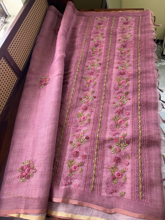 Premium Tissue Linen Sarees with heavy blouse - Pink
