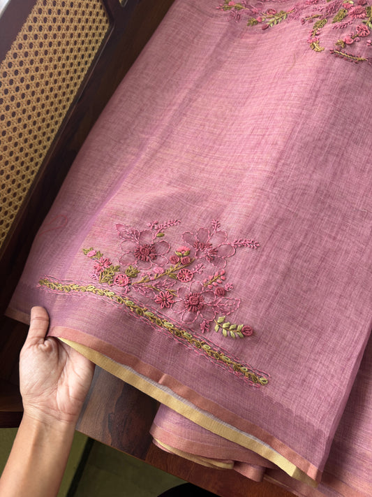 Premium Tissue Linen Sarees with heavy blouse - Pink