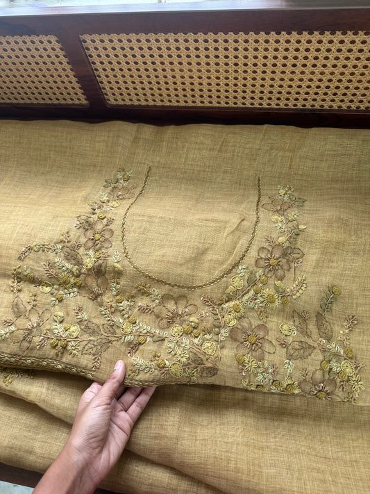 Premium Tissue Linen Sarees with heavy blouse - Henna Green