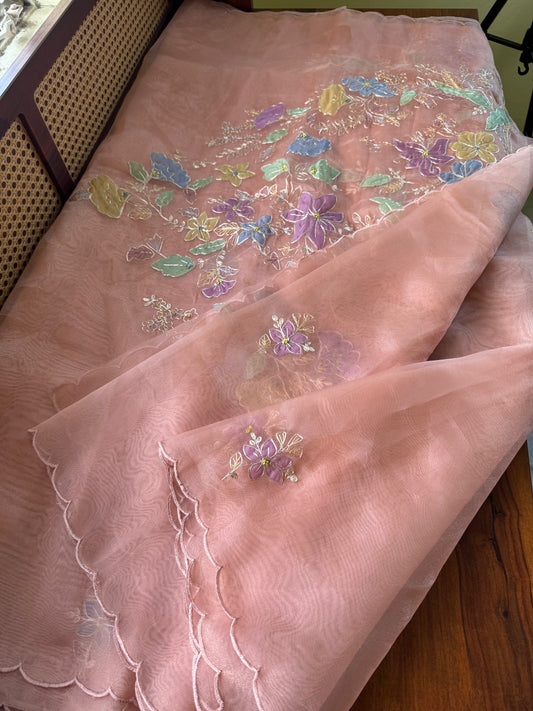 Tissue Organza Saree with appliqué work - Peach