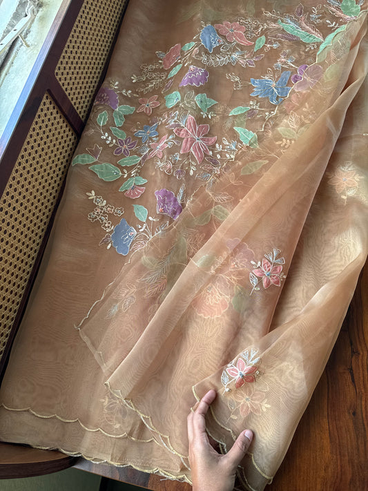 Tissue Organza Saree with appliqué work - Mustard