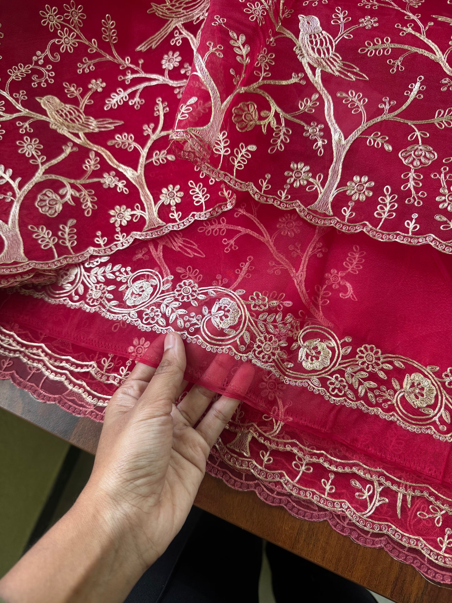 Tissue Organza Saree with pita work - Crimson Red