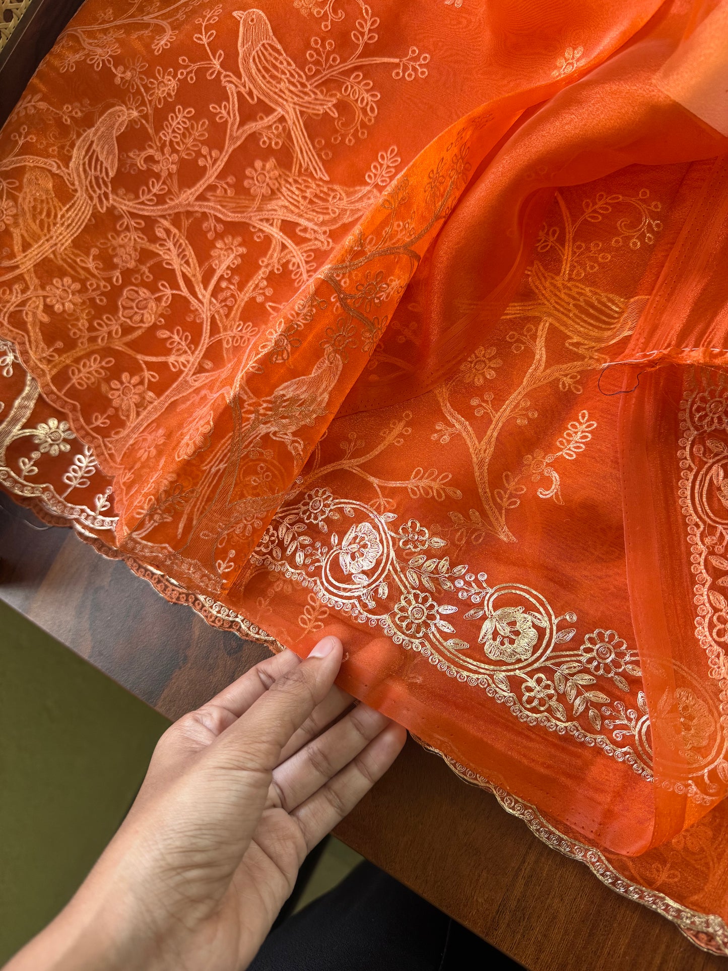 Tissue Organza Saree with pita work - Orange