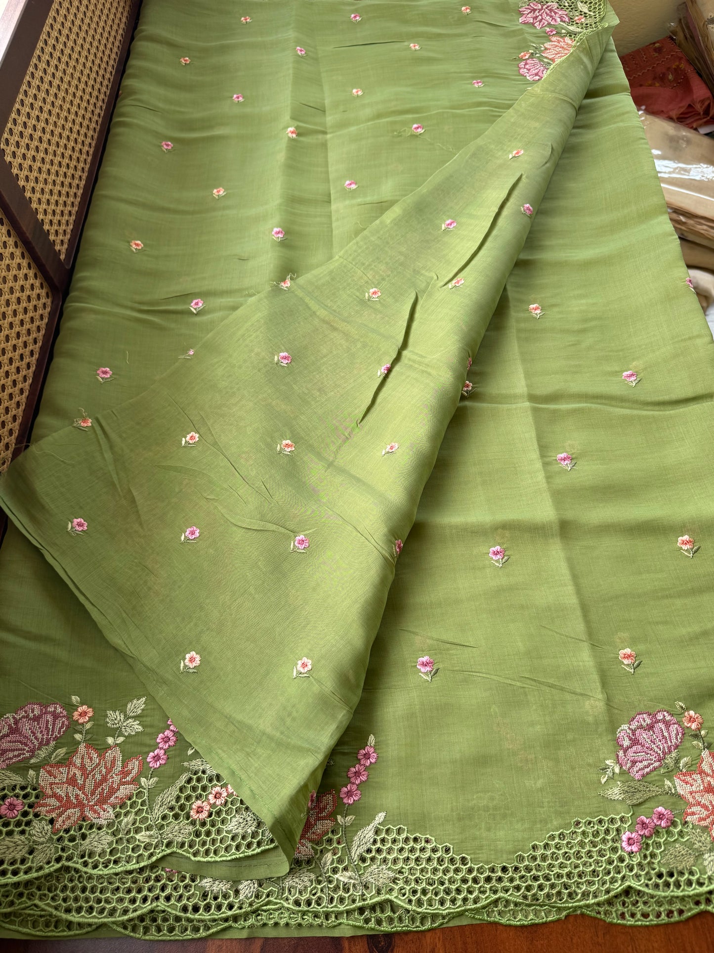 Cutwork Mul Chanderi Saree - Green