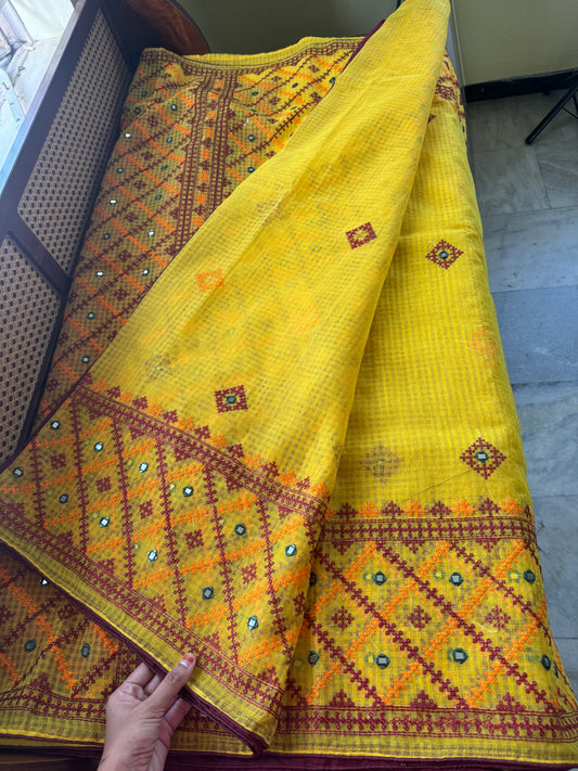 Embroidered Resham Silk Kota Saree - Yellow