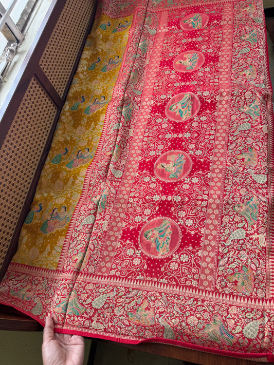 Radhe Krishna Georgette Banarasi Saree - Yellow & Red