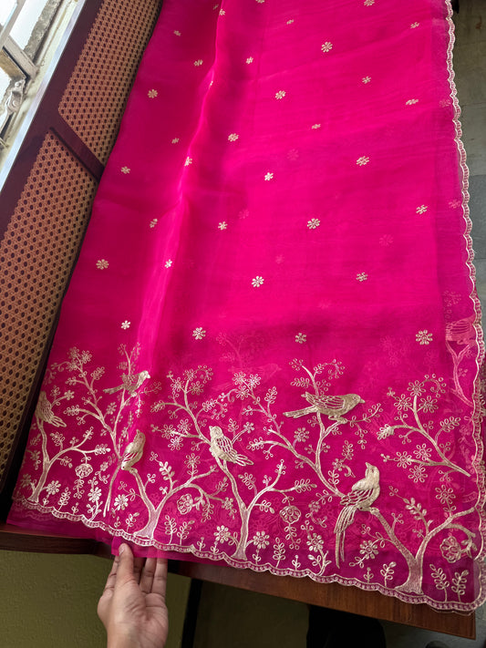Tissue Organza Saree with pita work - Hot Pink