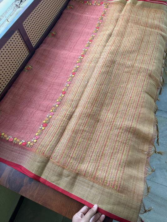 Premium Tissue Linen Sarees -Peach