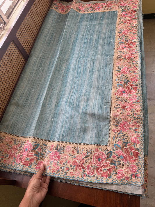 Embroidered Tussar Blend - Blue