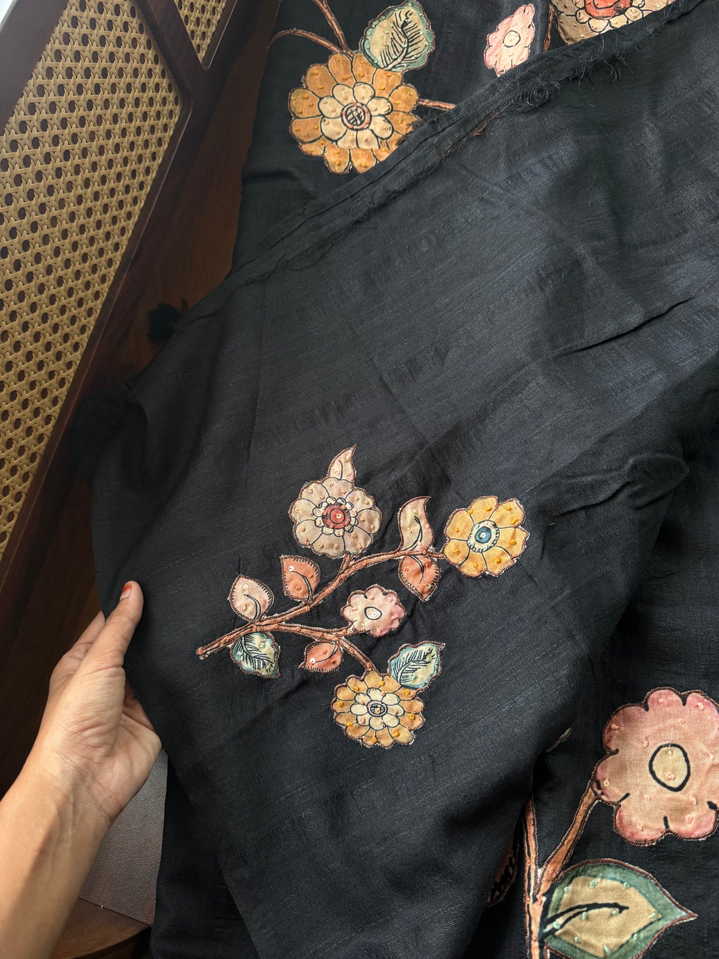 Semi Tussar Kalamkari Applique Sarees - Black