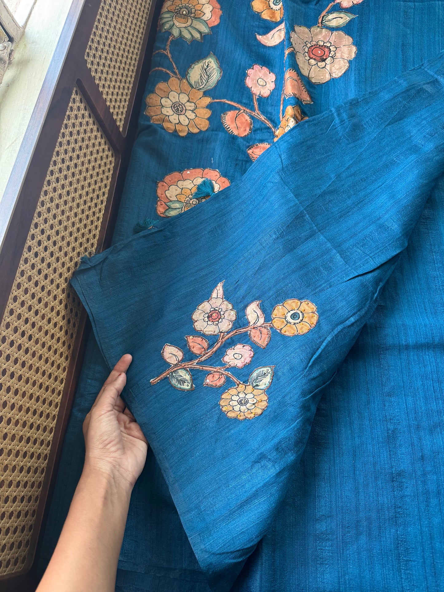 Semi Tussar Kalamkari Applique Sarees - Blue