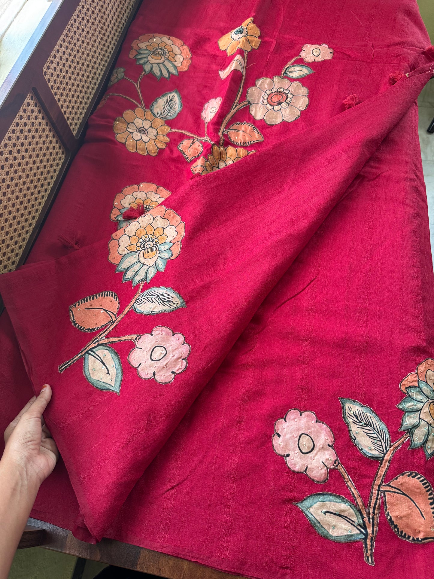 Semi Tussar Kalamkari Applique Sarees - Red