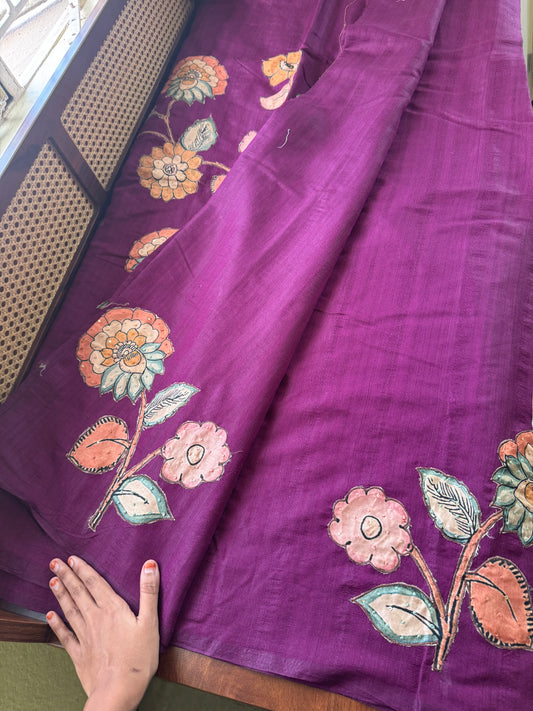 Semi Tussar Kalamkari Applique Sarees - Purple