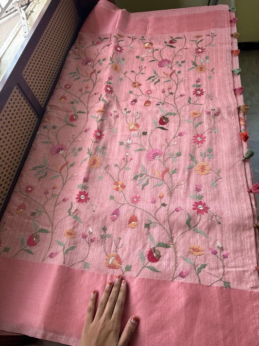 Embroidered Tussar Blend Saree- Peach
