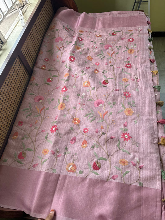 Embroidered Tussar Blend Saree- Lilac