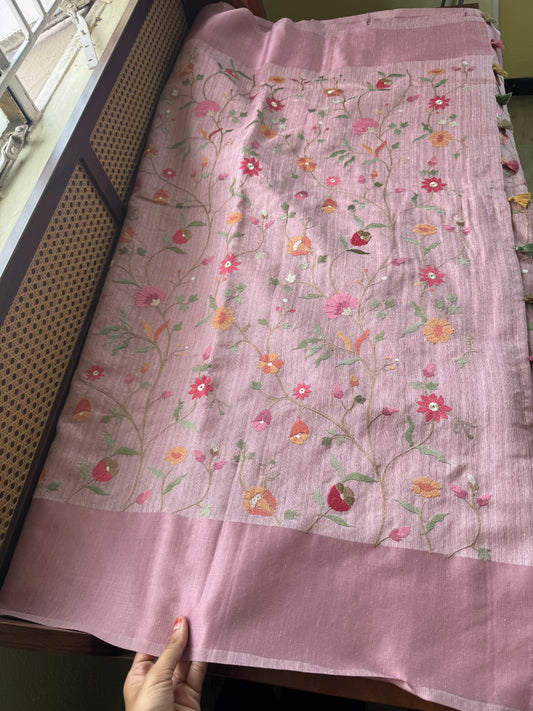 Embroidered Tussar Blend Saree- Lilac