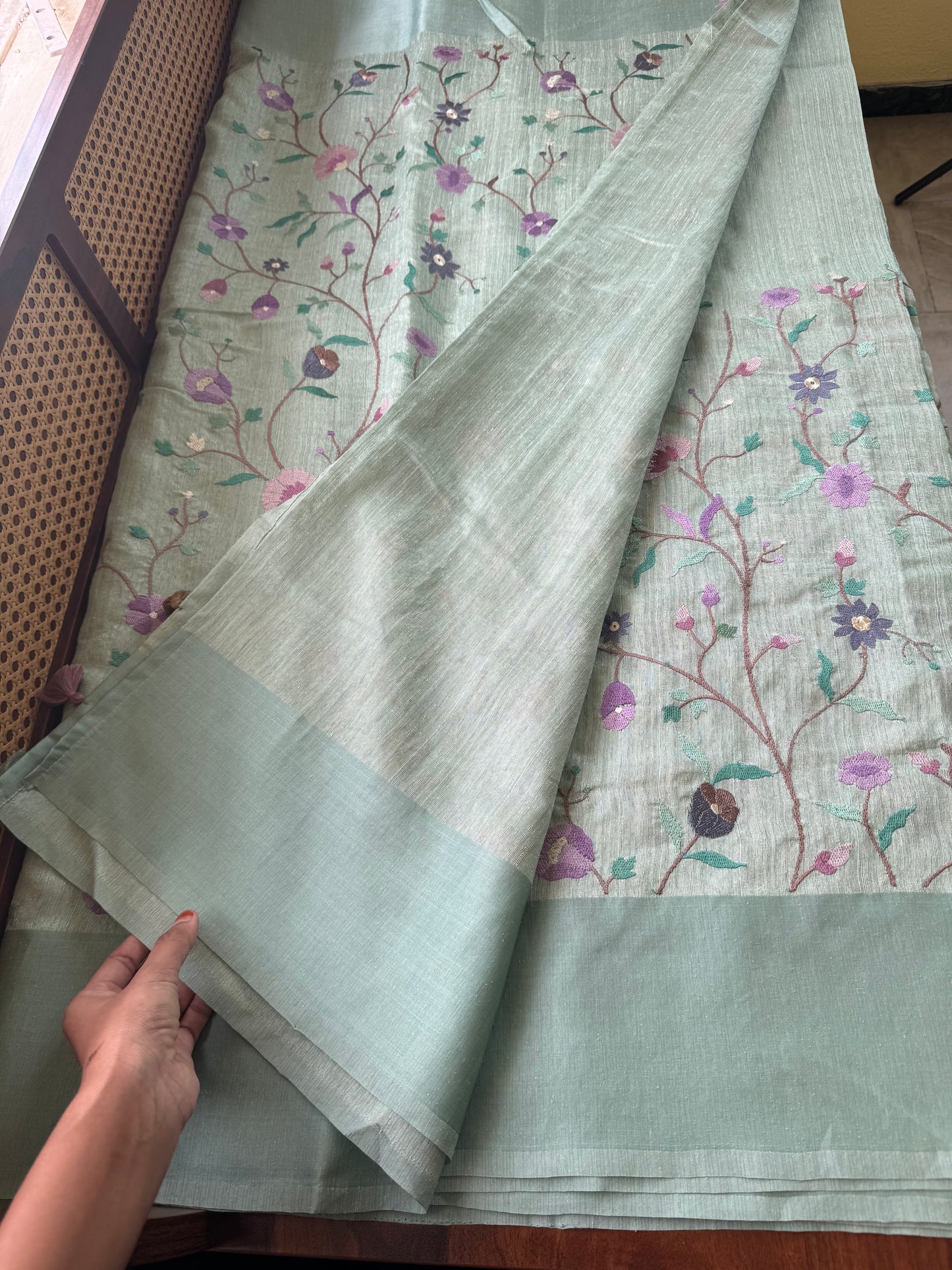 Embroidered Tussar Blend Saree- Sea Blue