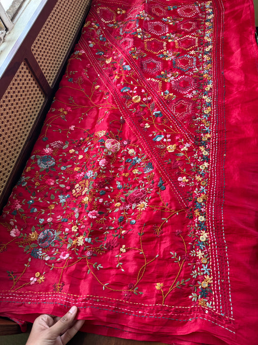 Premium Tussar Blend Saree with Handwork - Cherry Red