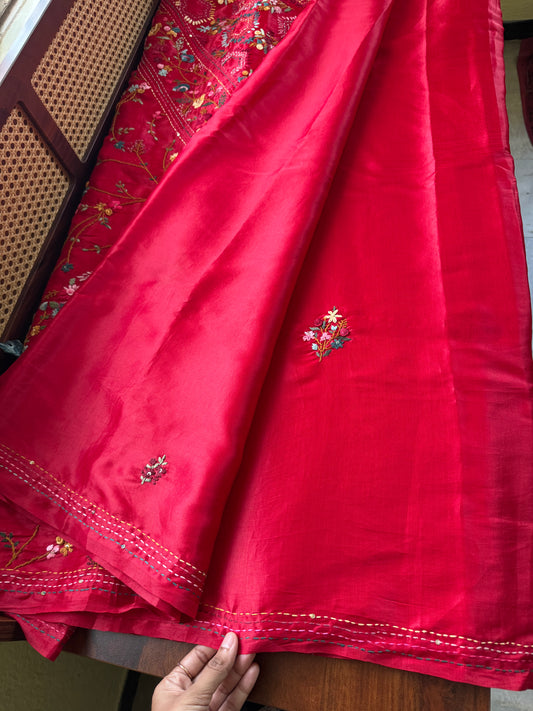 Premium Tussar Blend Saree with Handwork - Cherry Red
