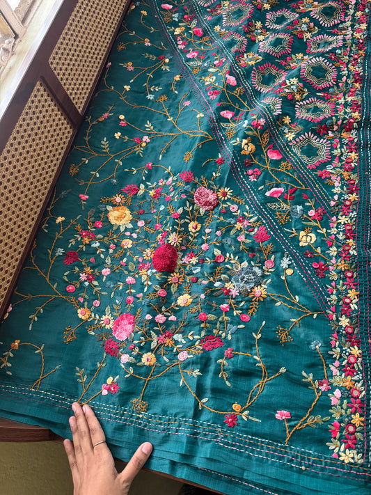 Premium Tussar Blend Saree with Handwork - Peacock Green