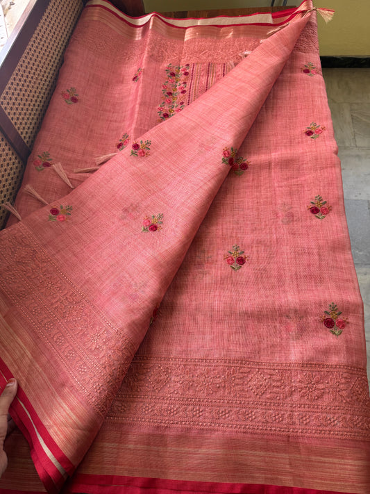 Premium Tissue Linen Sarees - Peach