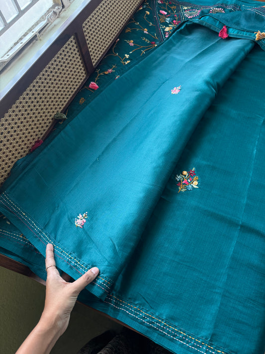 Premium Tussar Blend Saree with Handwork - Peacock Green