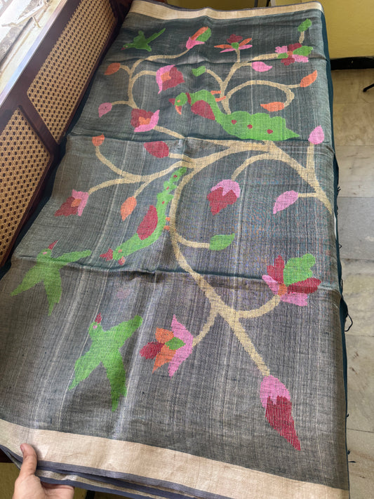 Handloom Linen Jamdani Saree - Peacock Blue