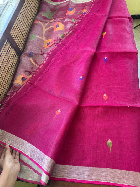 Handloom Linen Jamdani Saree - Pink