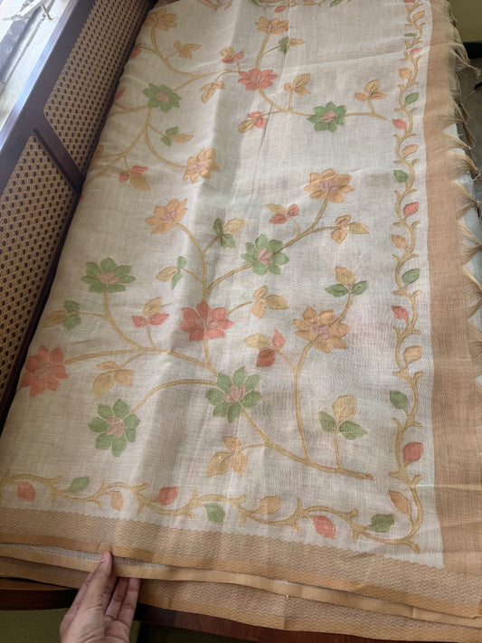 Tissue Linen Saree with Aari work - Half white & Yellow