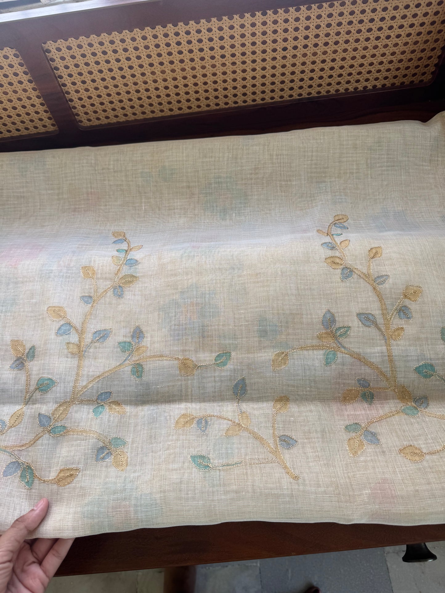 Tissue Linen Saree with Aari work - Half white & Blue