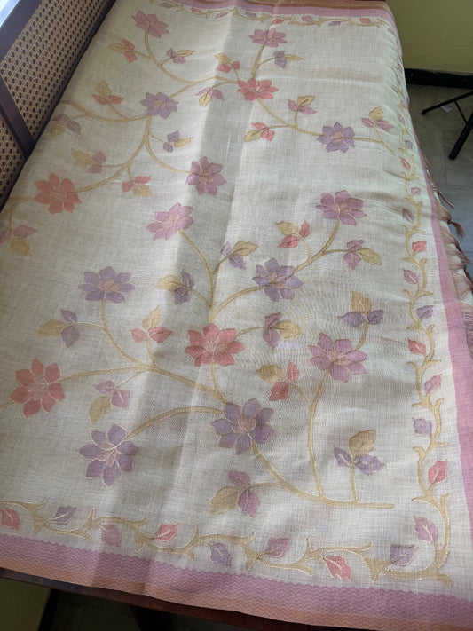 Tissue Linen Saree with Aari work - Half white & Pink
