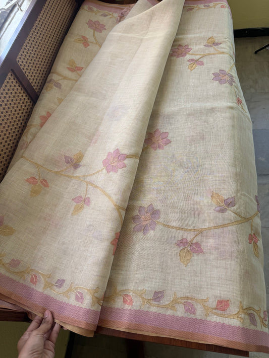 Tissue Linen Saree with Aari work - Half white & Pink