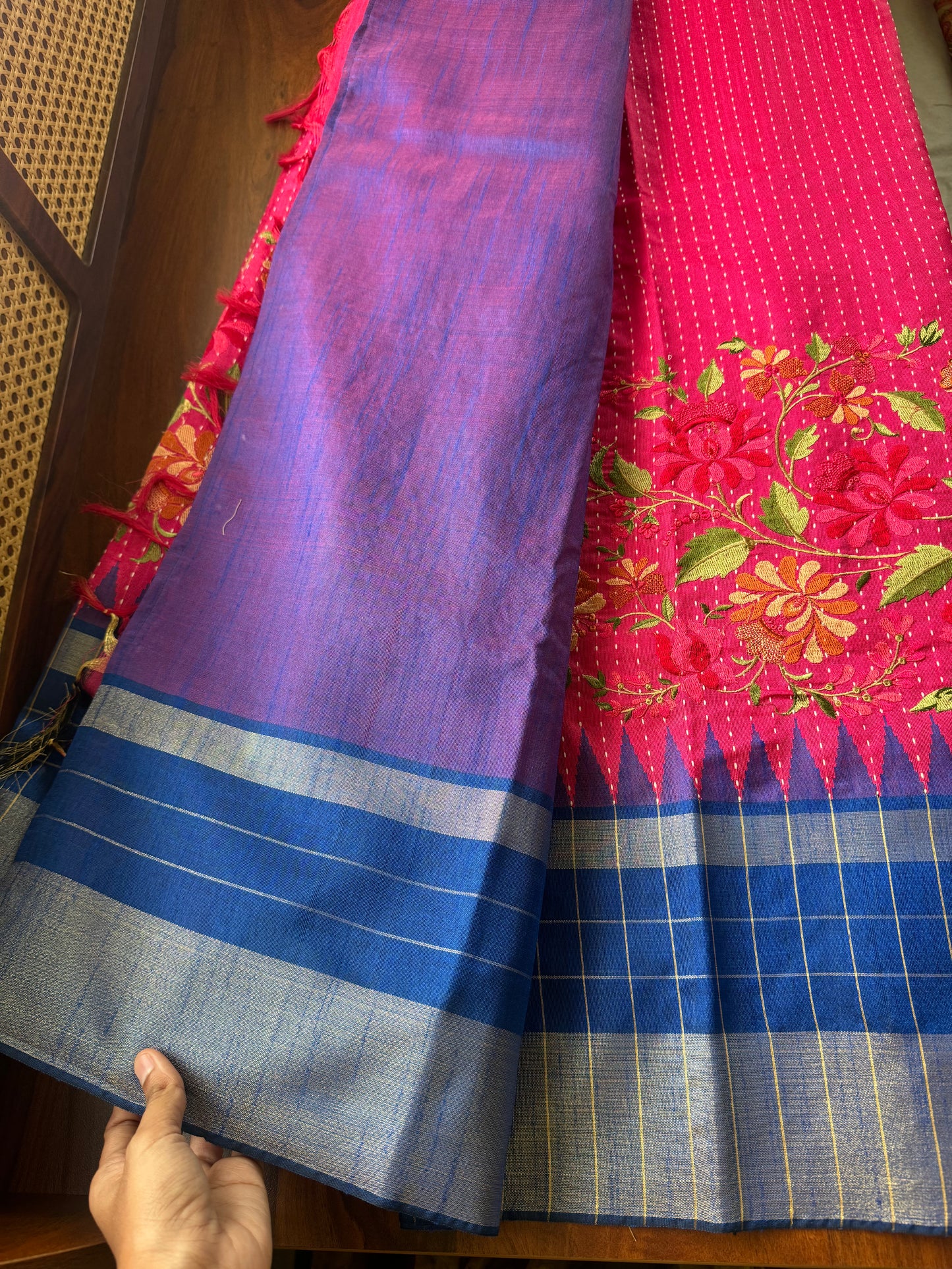 Semi Raw silk embroidered saree - Pink & Blue checks