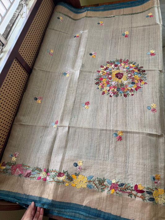 Hand Embroidered Pure Tussar Saree - Blue