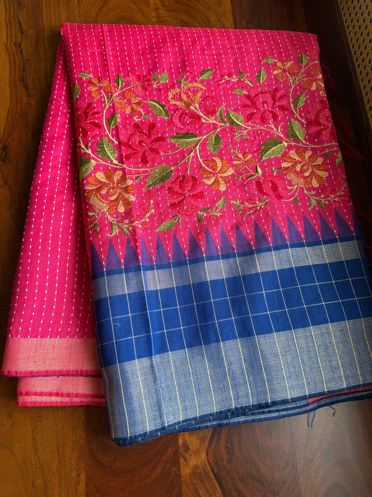 Semi Raw silk embroidered saree - Pink & Blue checks