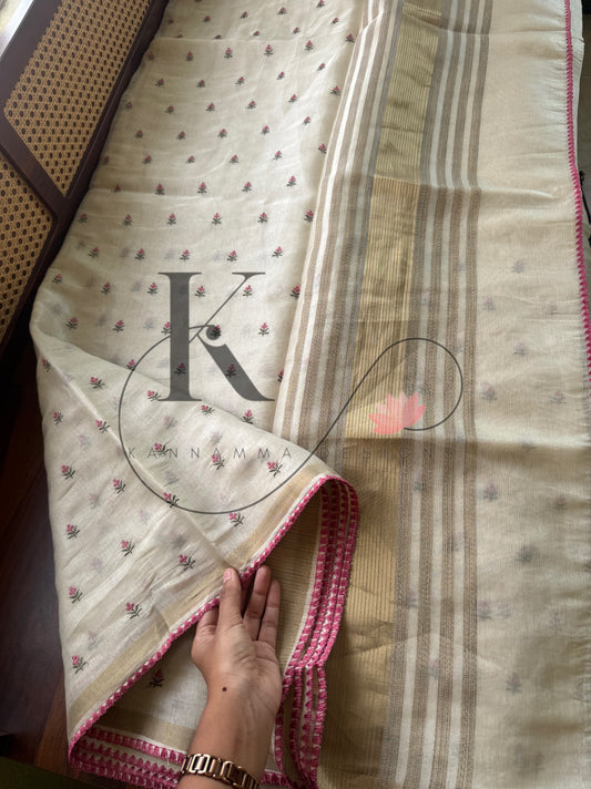 Mul Chanderi Tissue Saree - Cream & Pink