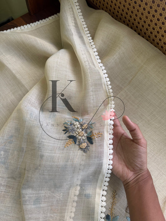 Premium Tissue Linen Sarees - Half White & Blue