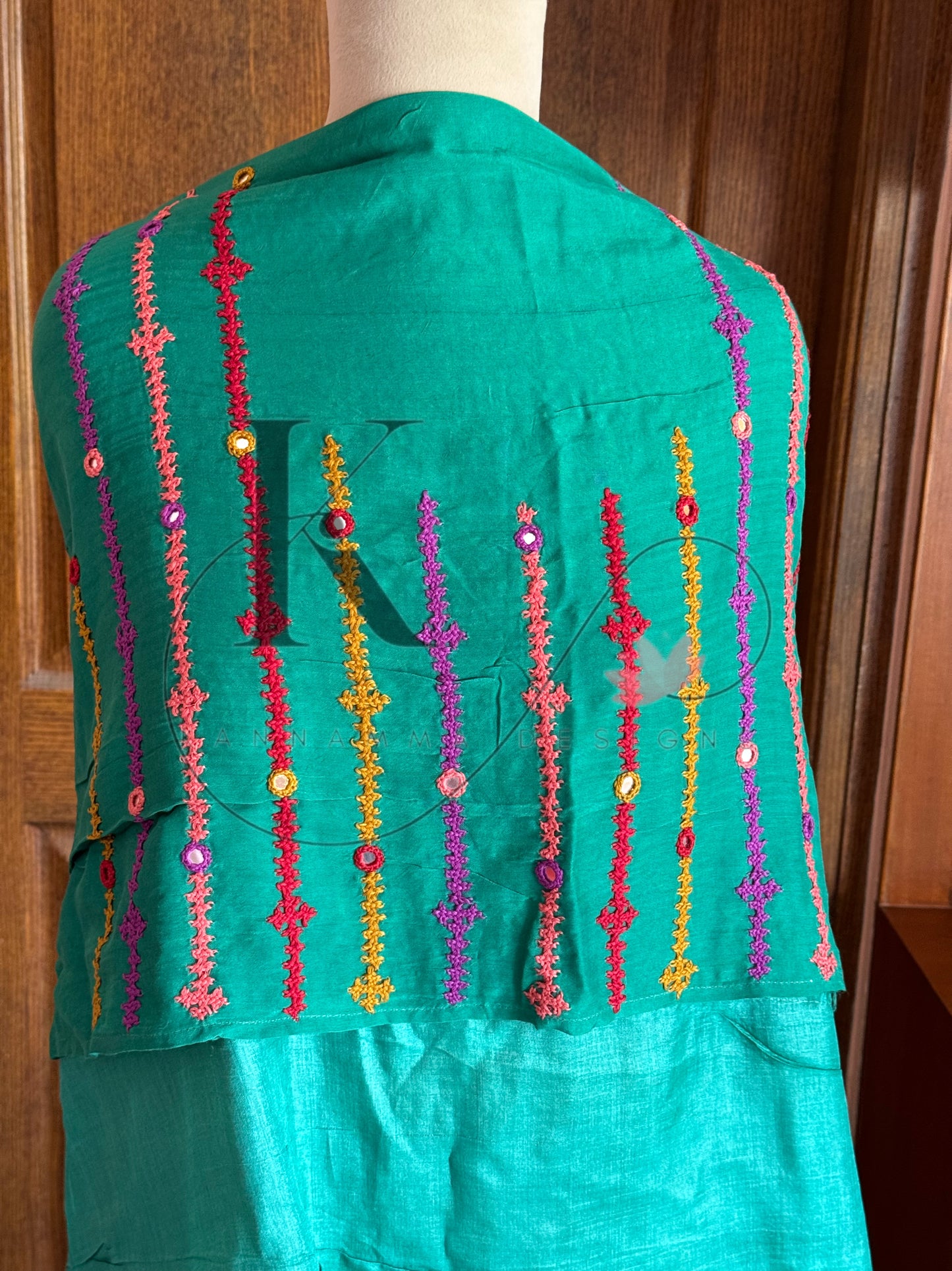Kutch Embroidery with real mirror work Pure Gaji Tussar Silk Saree - Green