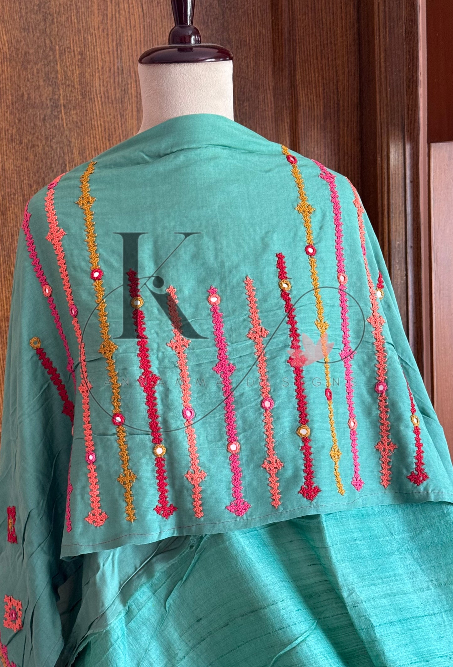 Kutch Embroidery with real mirror work Pure Gaji Tussar Silk Saree - Green