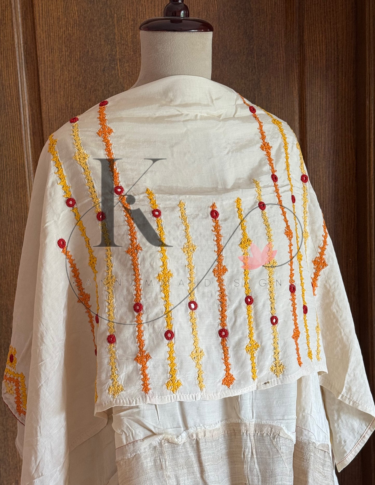 Kutch Embroidery with real mirror work Pure Gaji Tussar Silk Saree - Halfwhite, Yellow & Orange