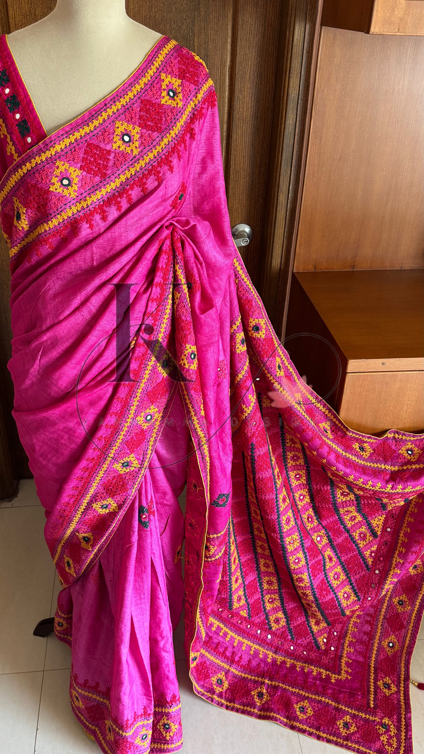 Kutch Embroidery with real mirror work Pure Gaji Tussar - Pink
