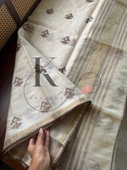 Mul Chanderi Tissue Saree - Cream & Brown
