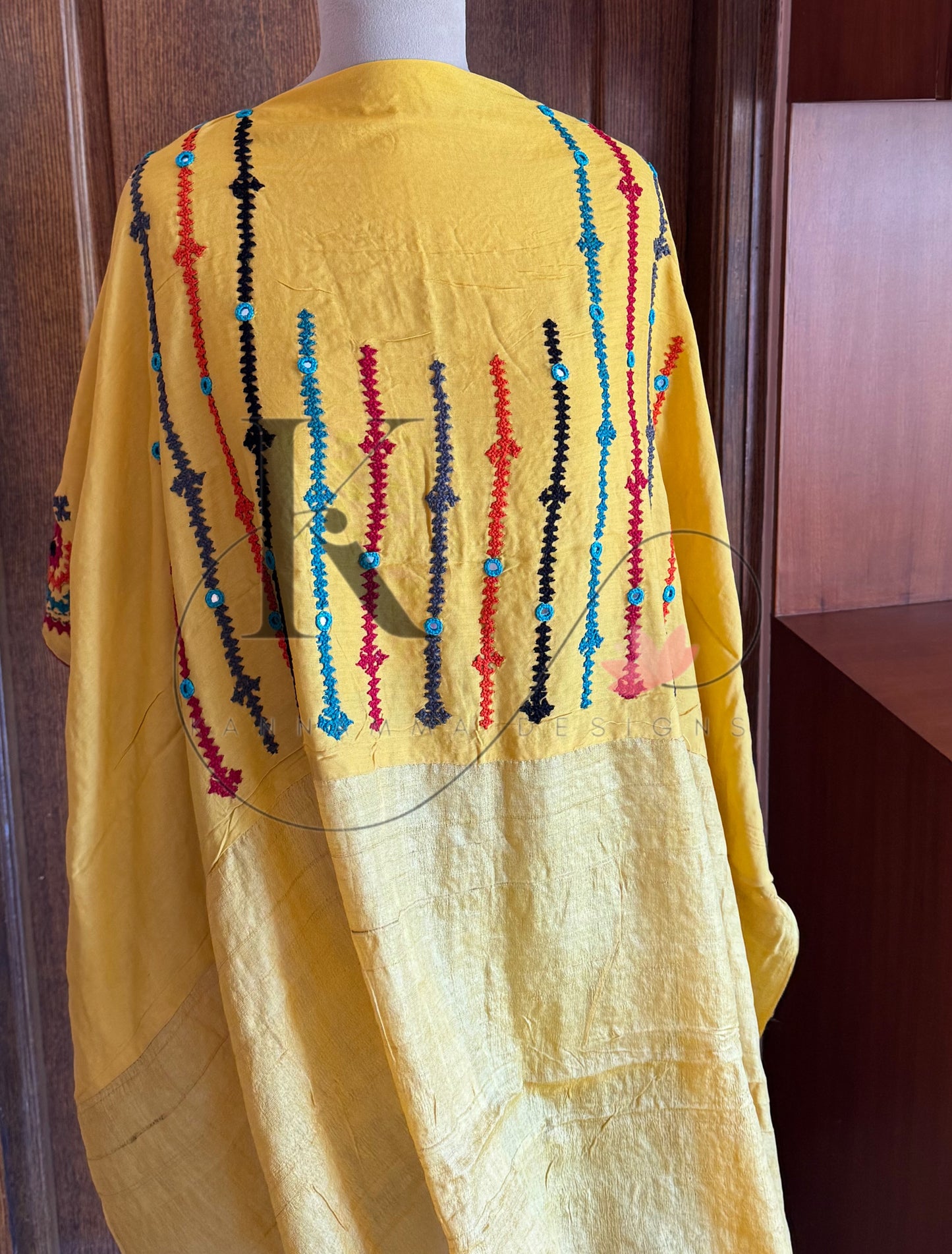 Kutch Embroidery with real mirror work Pure Gaji Tussar Silk Saree - Yellow & Multicolour