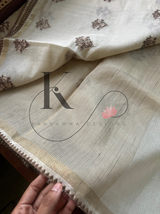 Mul Chanderi Tissue Saree - Cream & Brown
