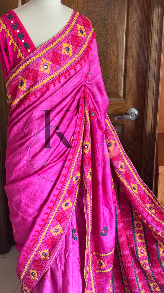 Kutch Embroidery with real mirror work Pure Gaji Tussar - Pink